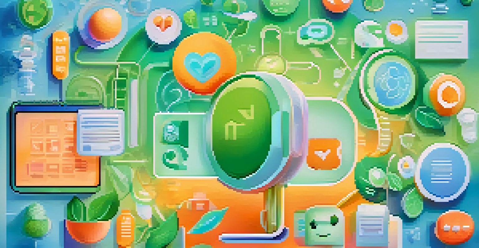 A smartphone showing a health chatbot with colorful icons for health topics like nutrition and exercise around it, set against a soft blue-green gradient background.