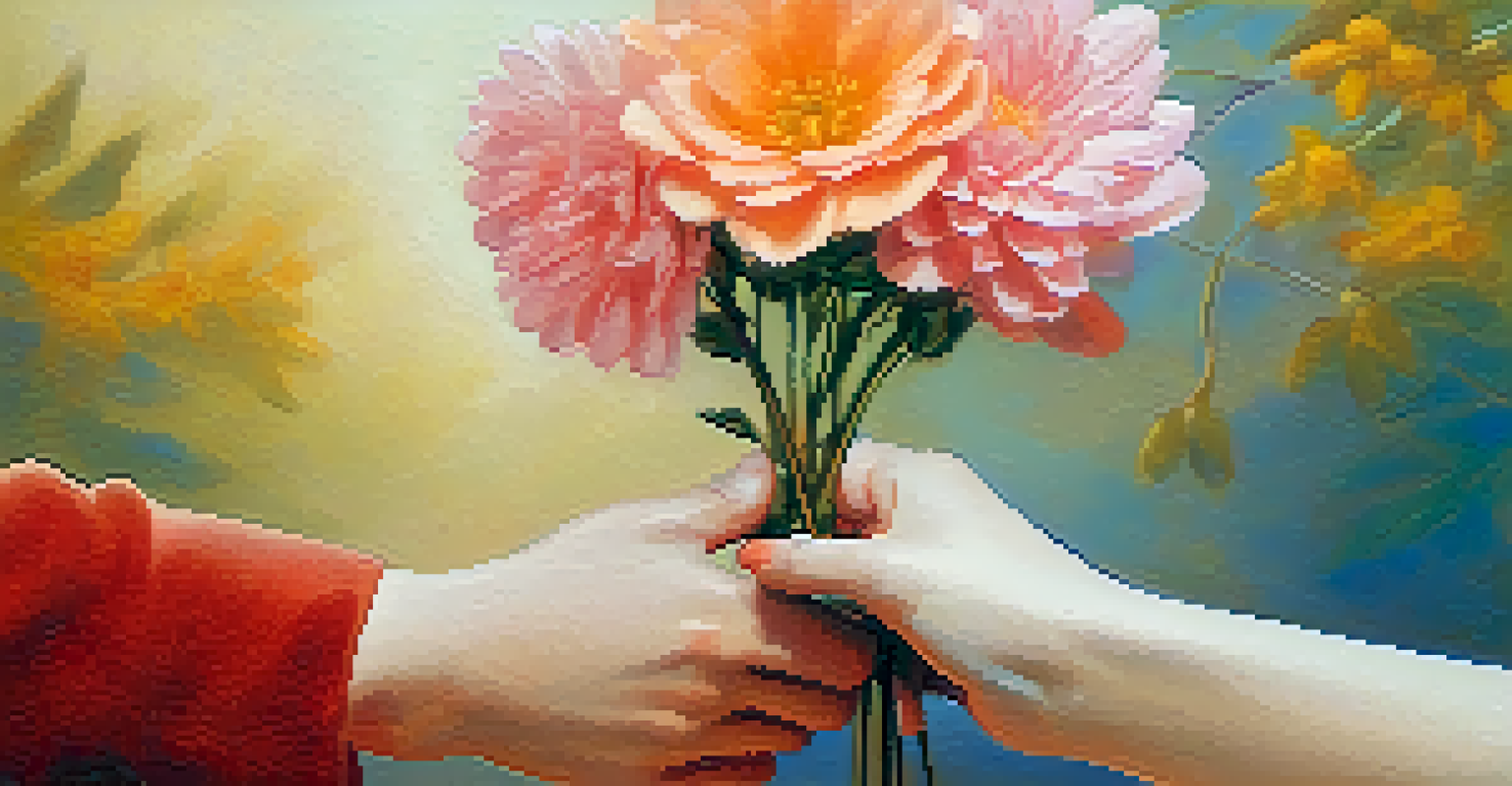 A close-up of two hands exchanging a flower, representing support and friendship, with a softly blurred background.