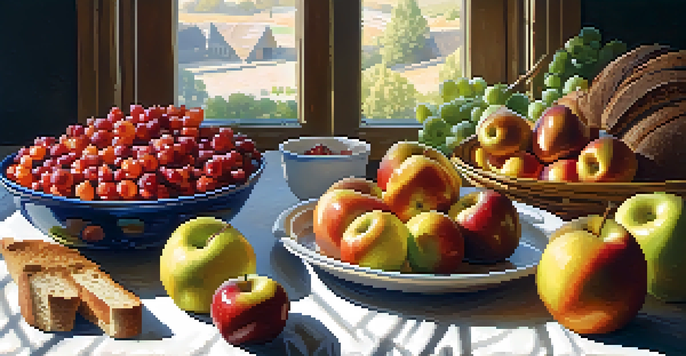 A colorful assortment of fiber-rich foods including fruits, lentils, and whole grain bread, beautifully arranged on a wooden table.