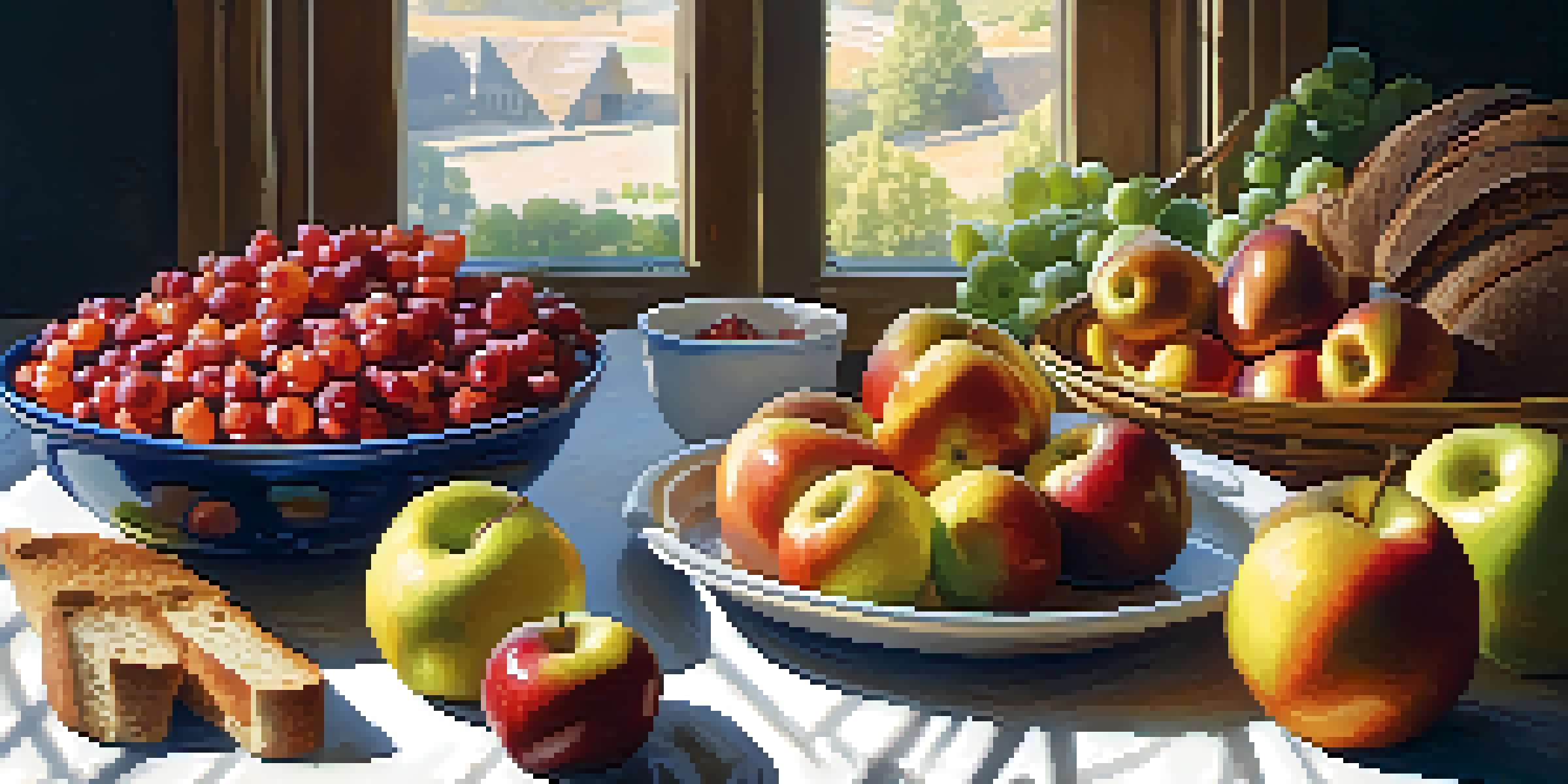 A colorful assortment of fiber-rich foods including fruits, lentils, and whole grain bread, beautifully arranged on a wooden table.