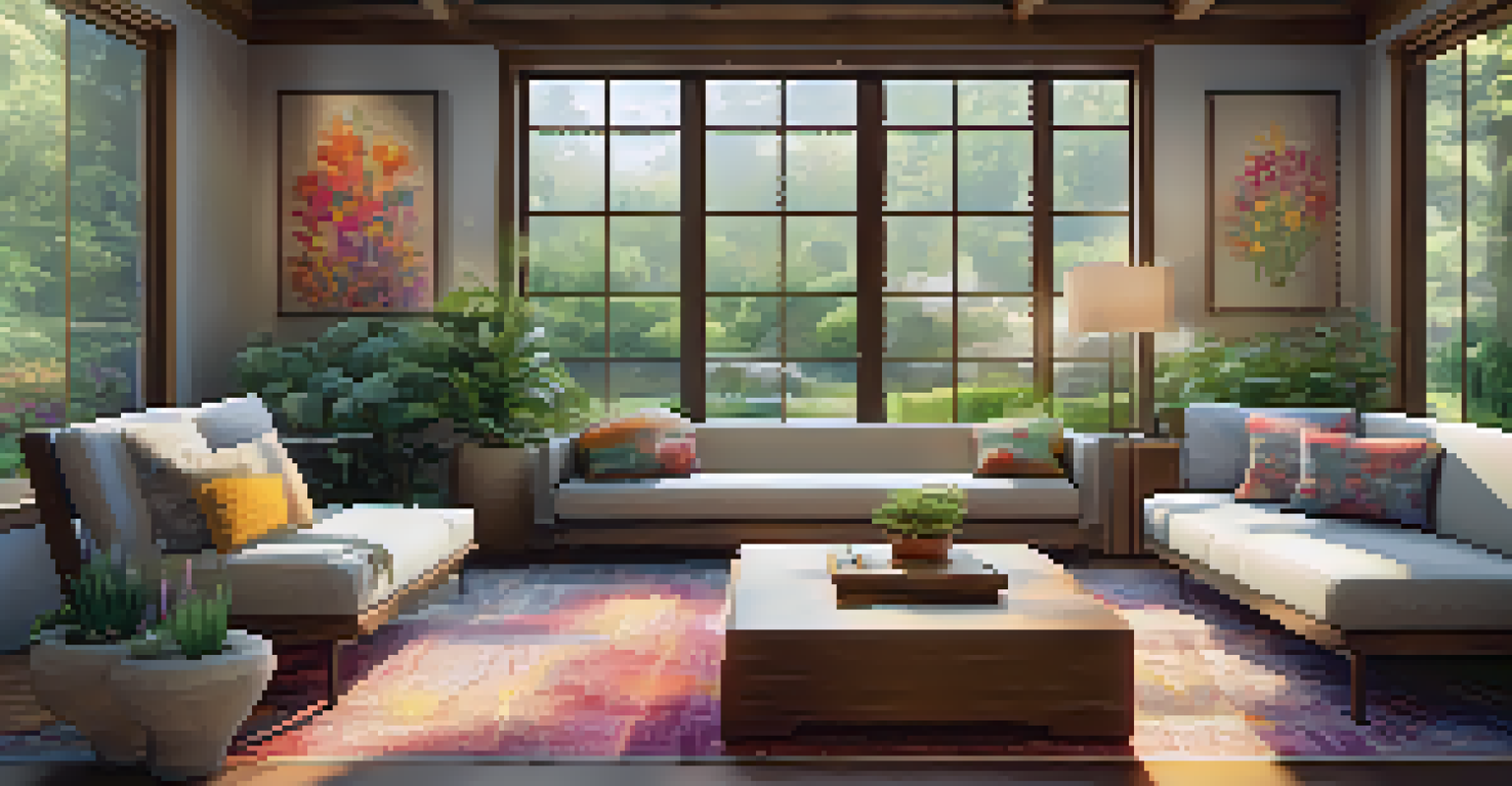 A cozy communal area with cushions and journals at a wellness retreat, overlooking a vibrant garden.