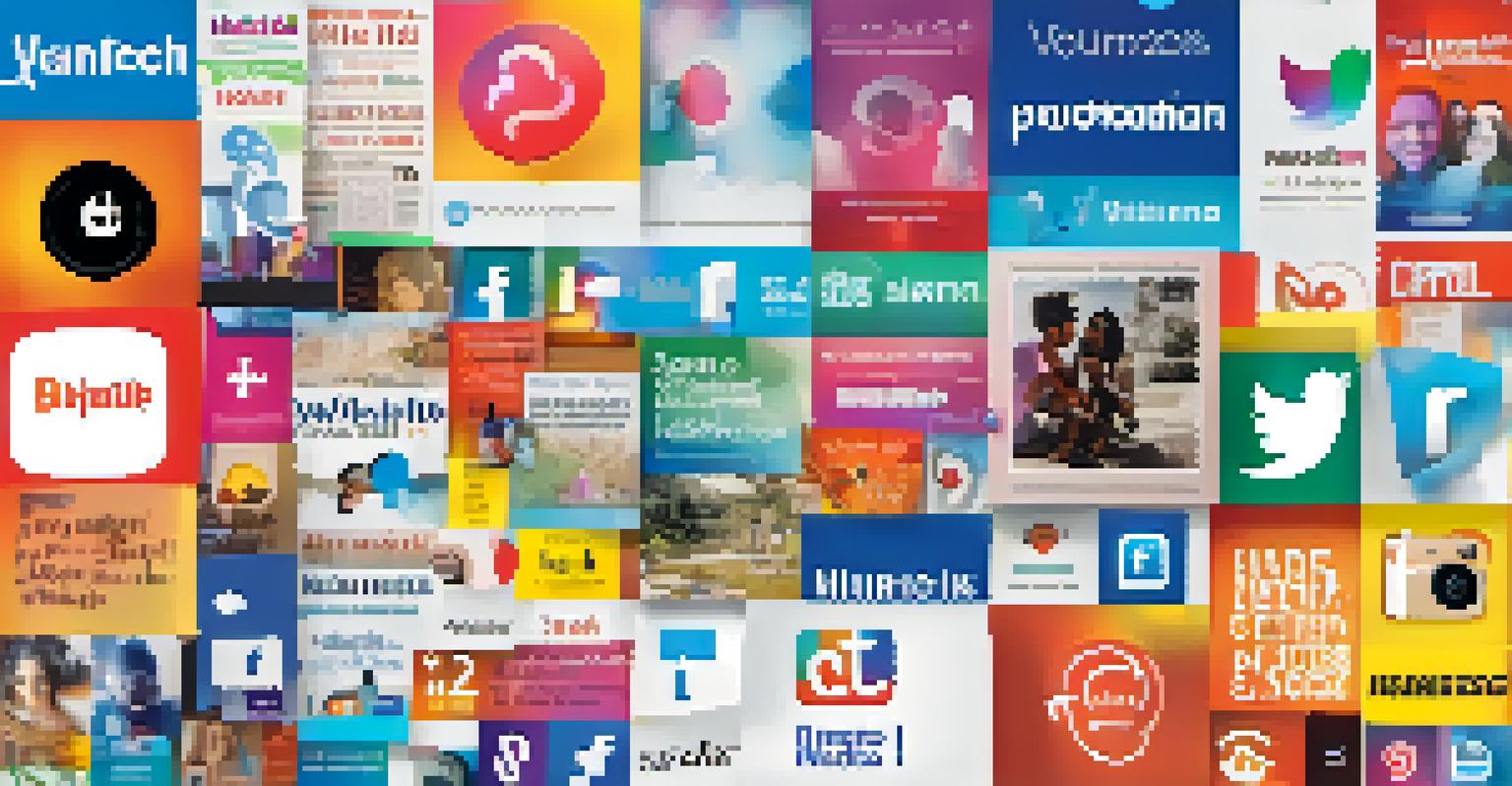 A colorful digital collage of social media posts promoting mental health awareness.