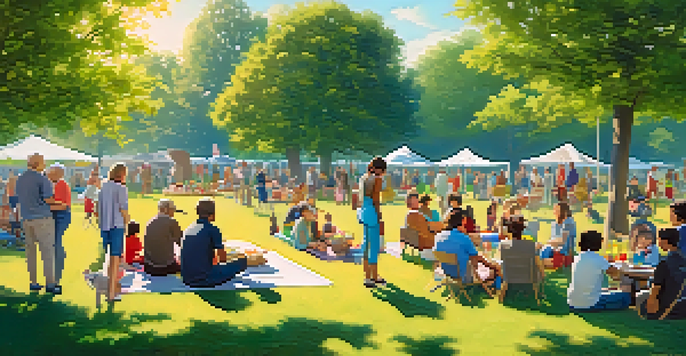 A diverse group of people in a park enjoying a sunny day, symbolizing community safety and unity.