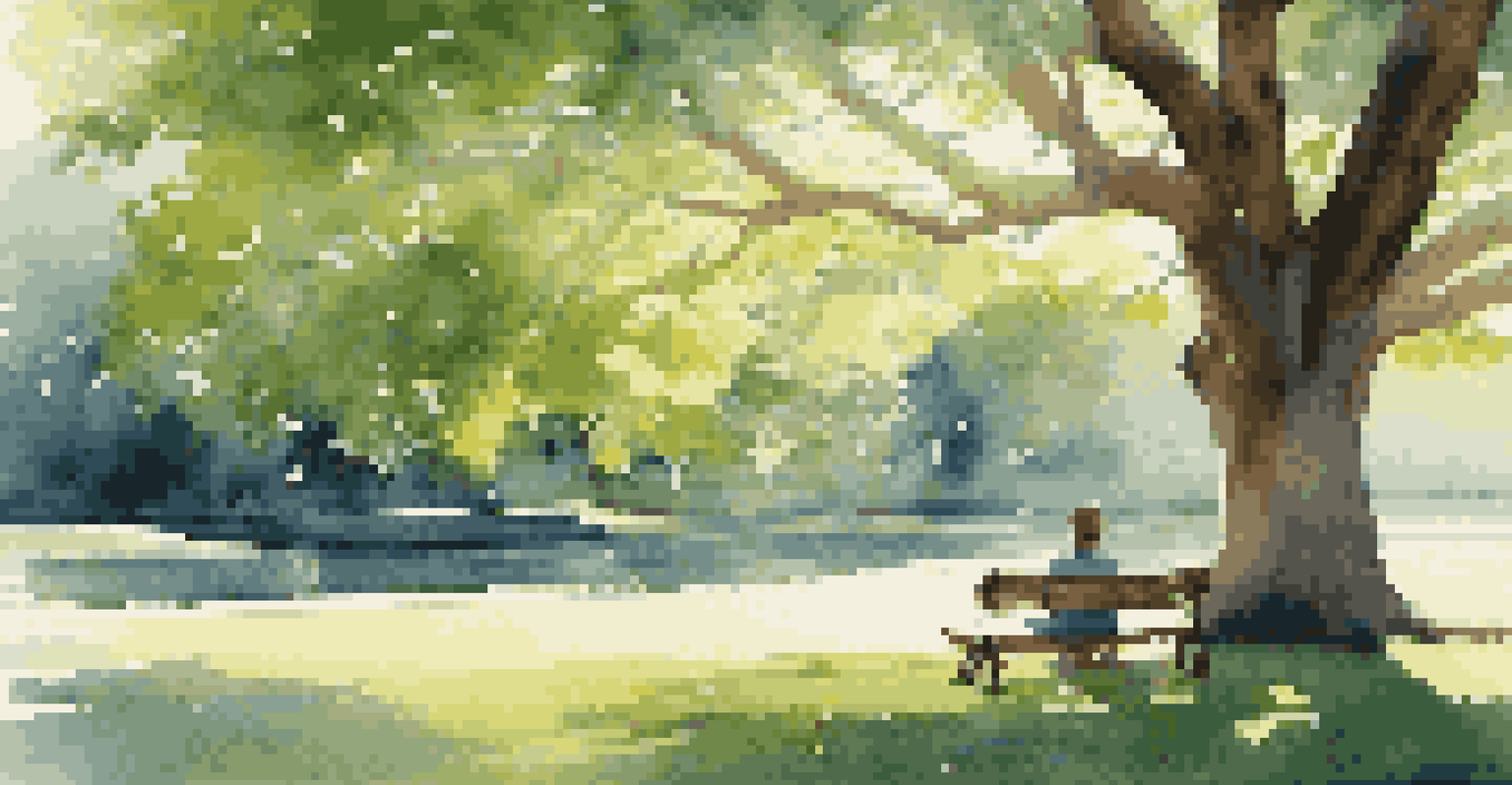 A tranquil park scene with a bench under a tree, a pond, and a person practicing yoga on the grass, promoting relaxation and mental wellness.