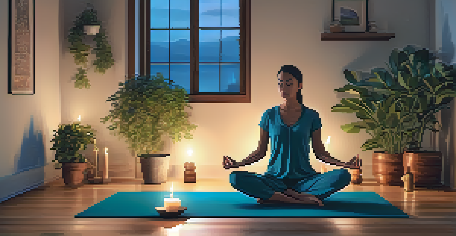A person meditating in a softly lit room with candles and a plant, creating a tranquil atmosphere.