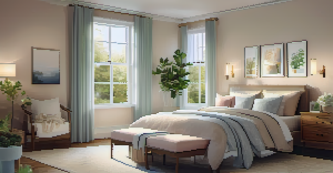 A cozy bedroom designed for a senior, with soft bedding, warm lighting, and calming decor.