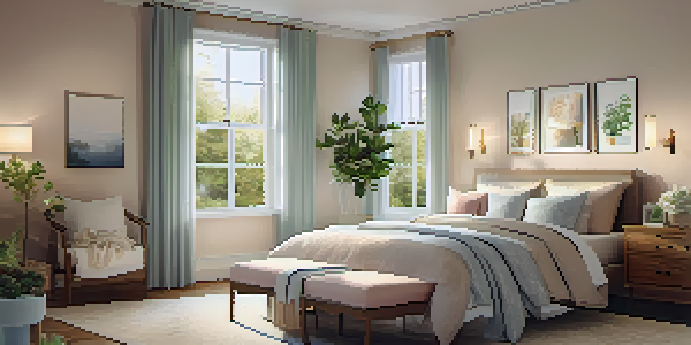 A cozy bedroom designed for a senior, with soft bedding, warm lighting, and calming decor.