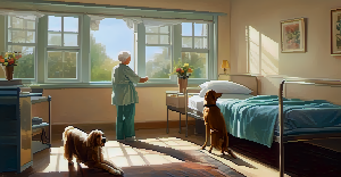 A therapy dog sitting next to an elderly patient in a hospital room, providing comfort and companionship.