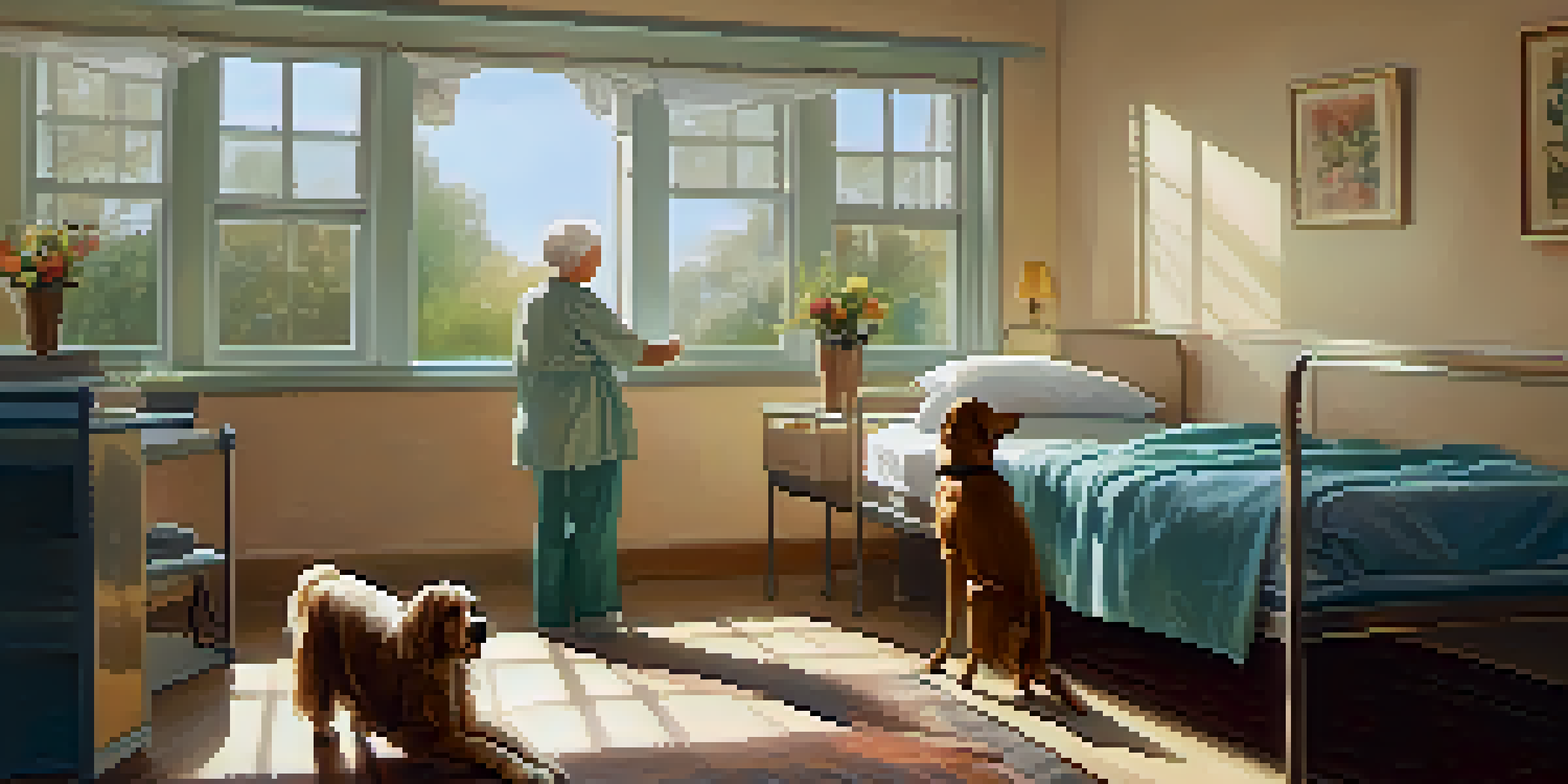 A therapy dog sitting next to an elderly patient in a hospital room, providing comfort and companionship.