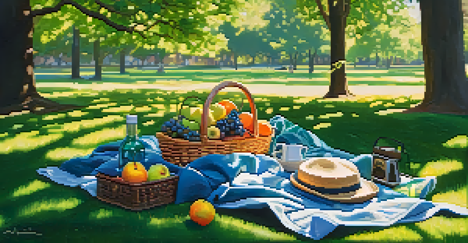 A relaxing outdoor picnic scene with a blanket, fruits, and a book in a sunny park.