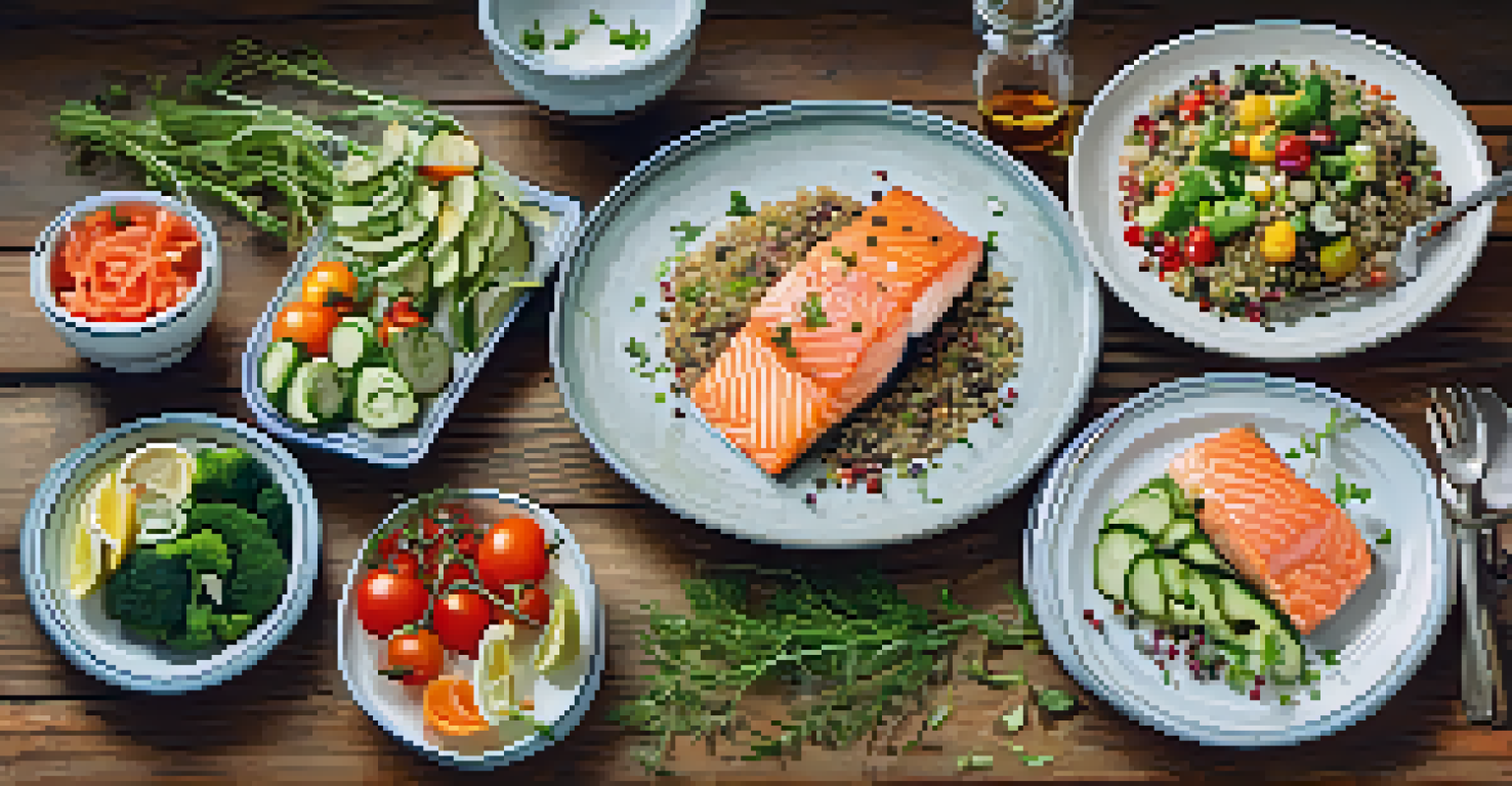 An overhead view of a plate filled with salmon, quinoa, and fresh vegetables, presented on a rustic wooden table with a recipe card.