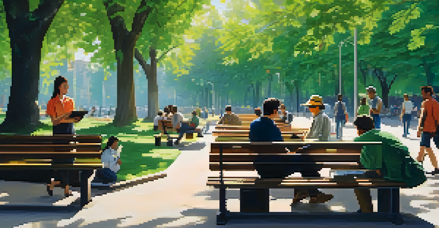 Employees taking breaks outdoors in a green park, enjoying the fresh air and sunshine.
