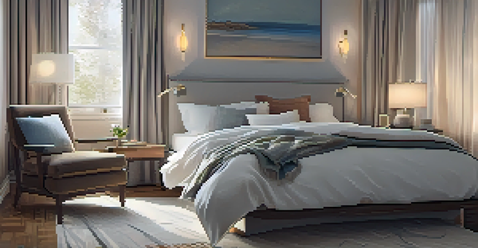 A peaceful bedroom setup with soft lighting and a cozy bed, promoting a calming sleep environment.