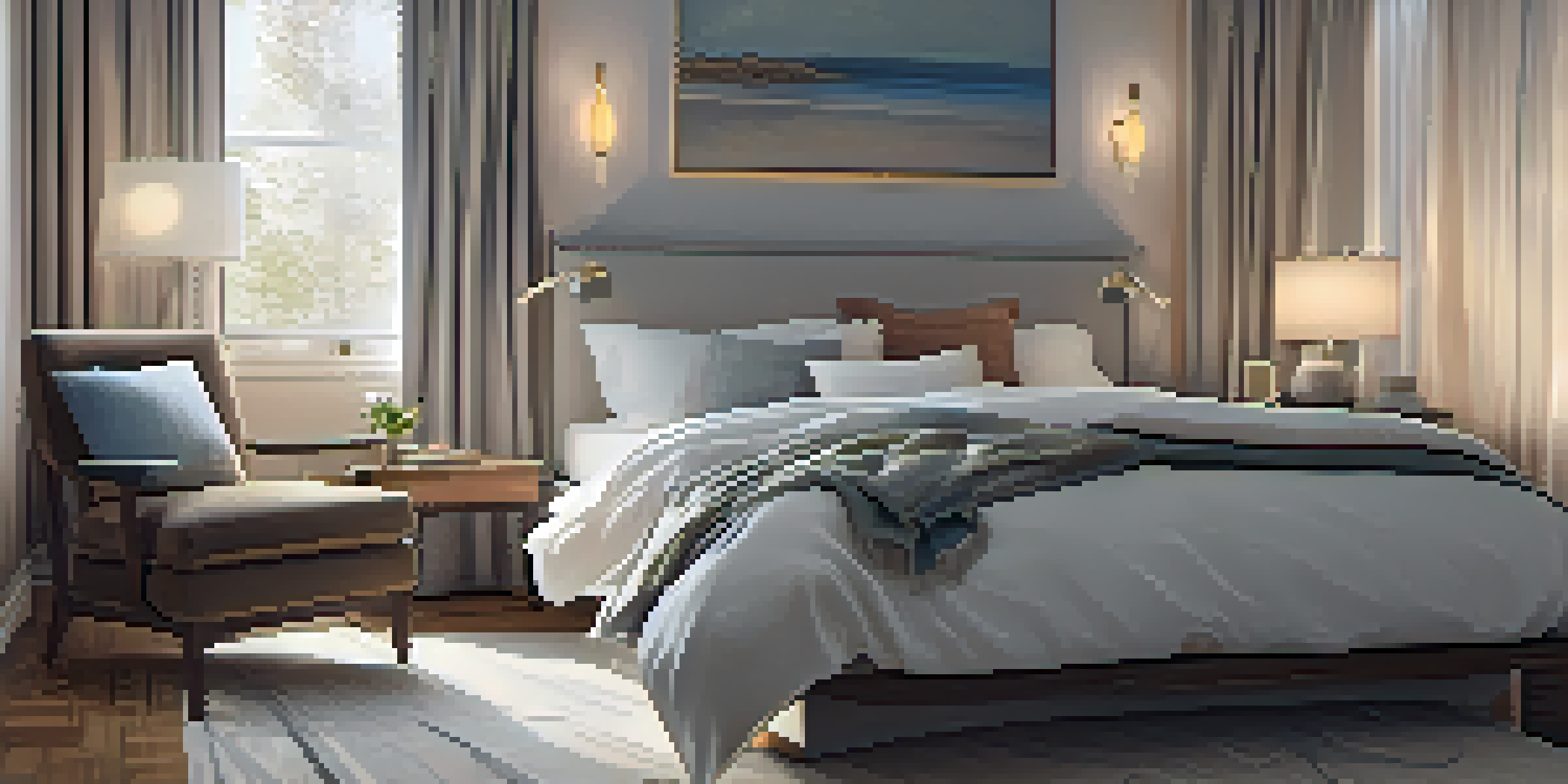 A peaceful bedroom setup with soft lighting and a cozy bed, promoting a calming sleep environment.