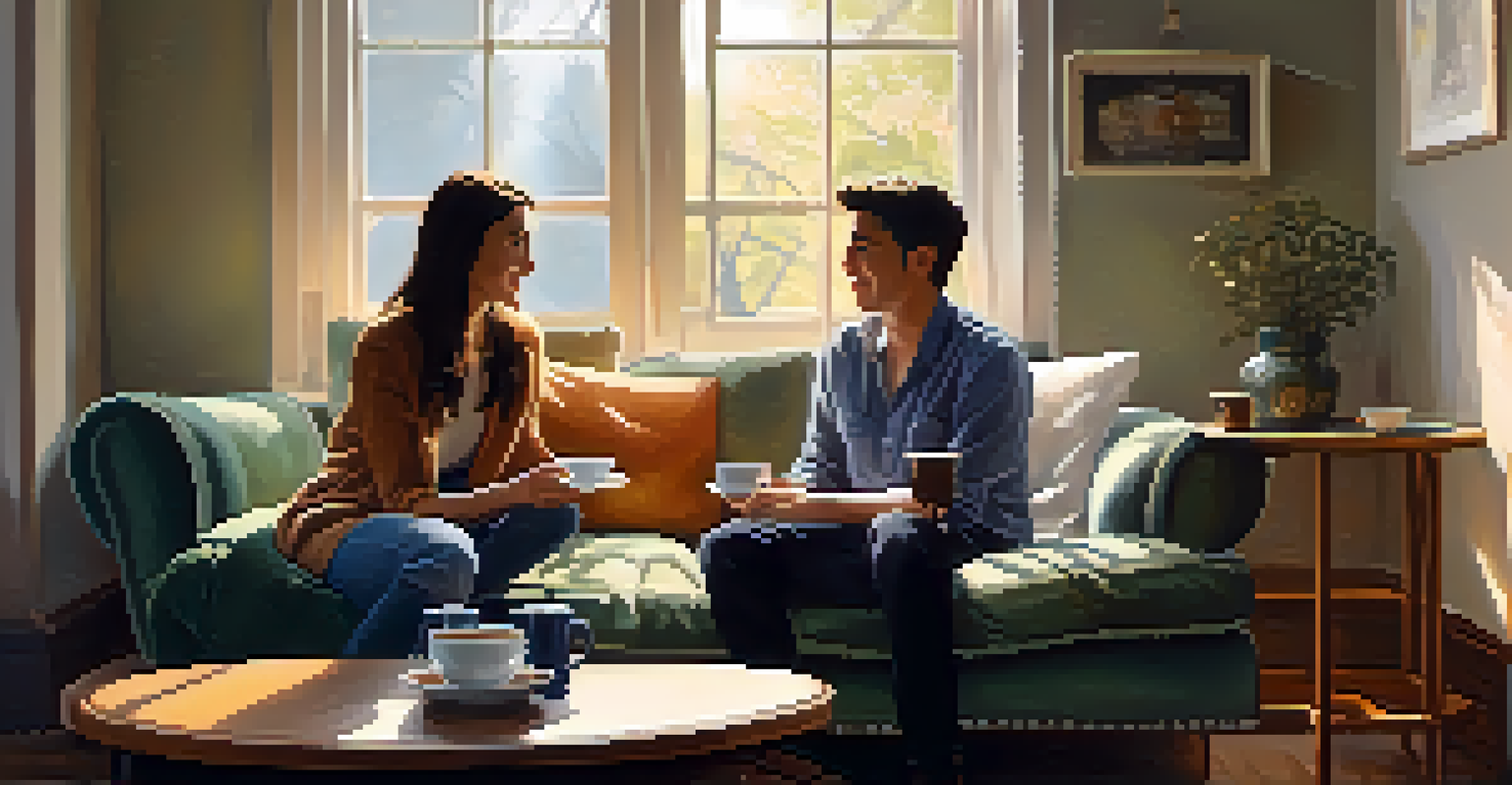 Two friends having a deep conversation on a couch with tea between them in a cozy room.