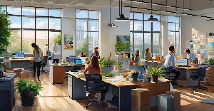 An office environment where employees participate in different hobbies, including painting and crafting, with bright natural lighting and greenery.