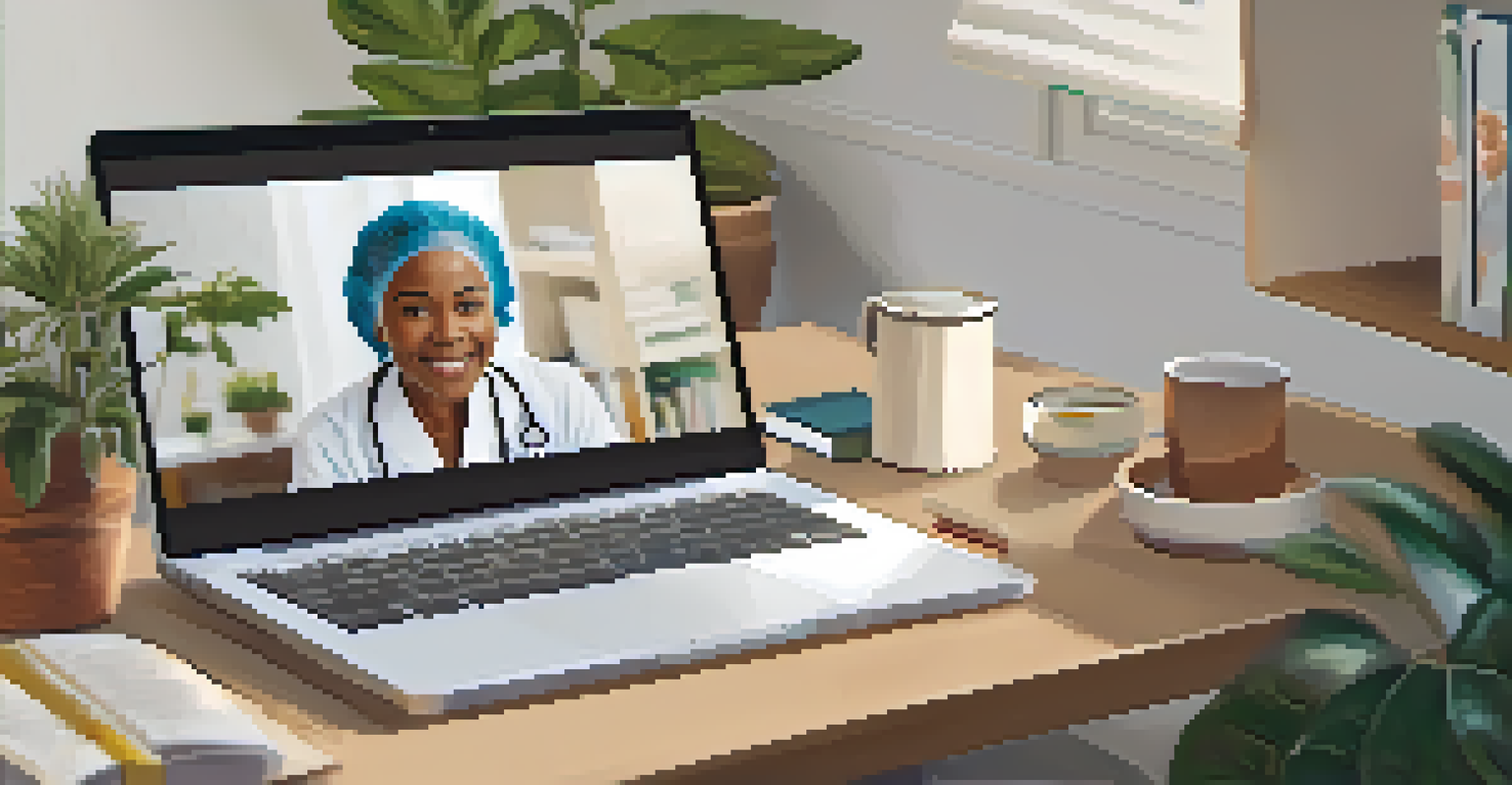 A patient having a video consultation with a healthcare provider on a computer screen in a well-lit home environment.