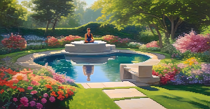 A person practicing yoga in a vibrant garden filled with flowers and greenery, illuminated by soft morning light.