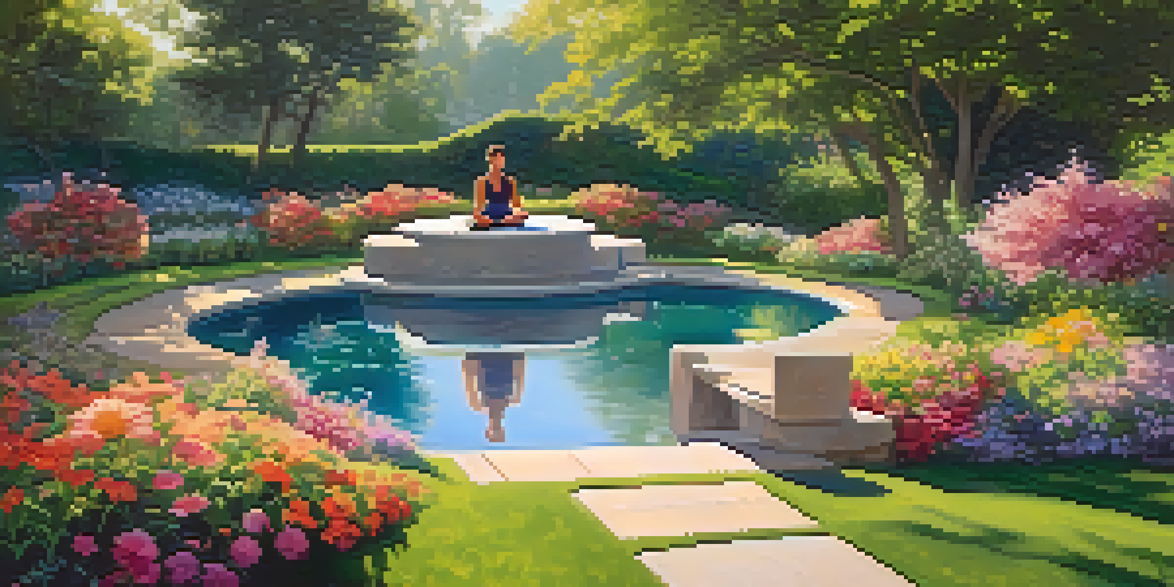 A person practicing yoga in a vibrant garden filled with flowers and greenery, illuminated by soft morning light.