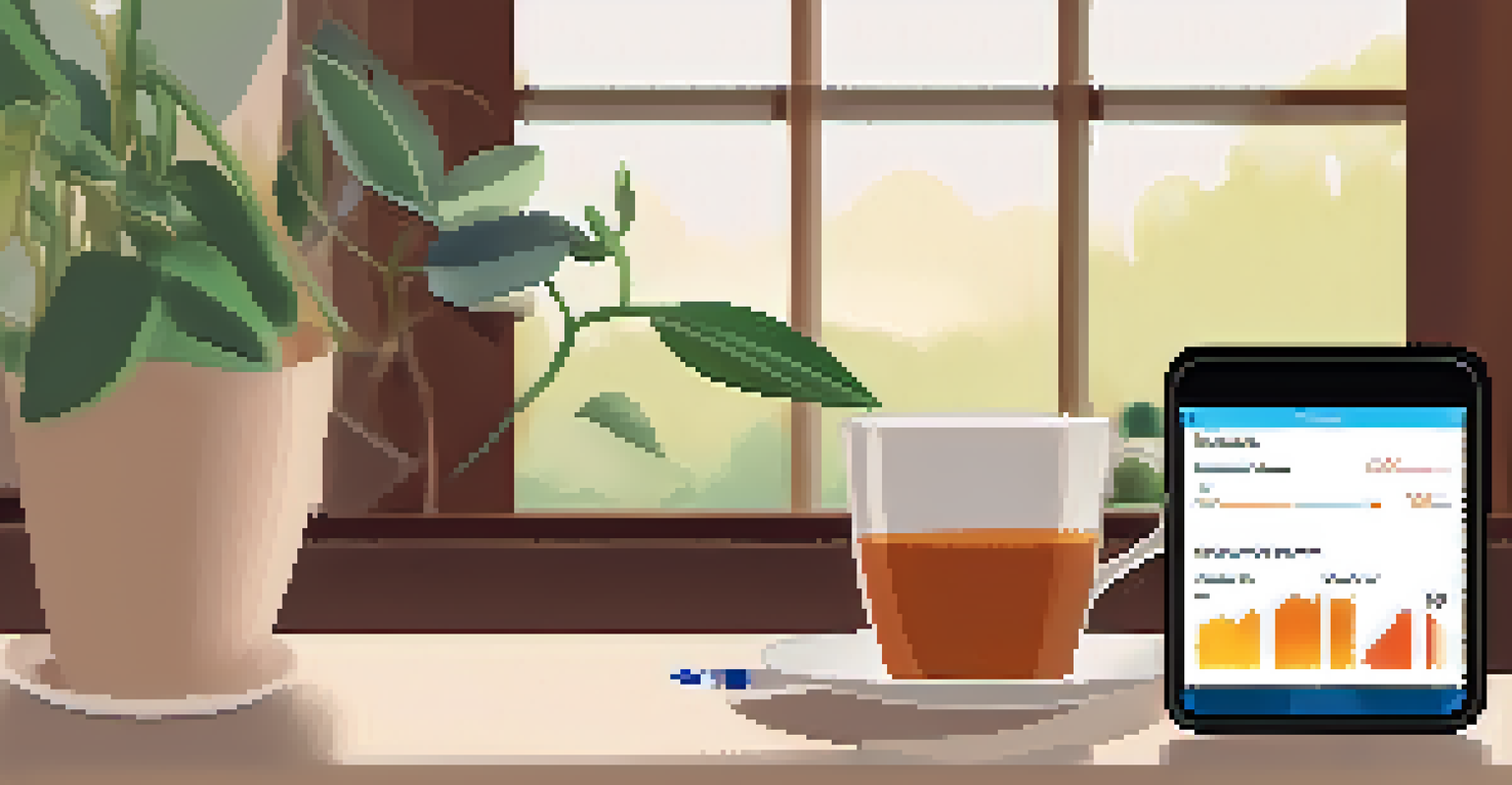A smartphone with a mental health tracking app displayed, surrounded by a cozy workspace with a notebook and a cup of tea.