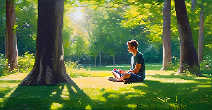 A person practicing mindfulness in a green park, sitting cross-legged on grass surrounded by wildflowers and dappled sunlight.