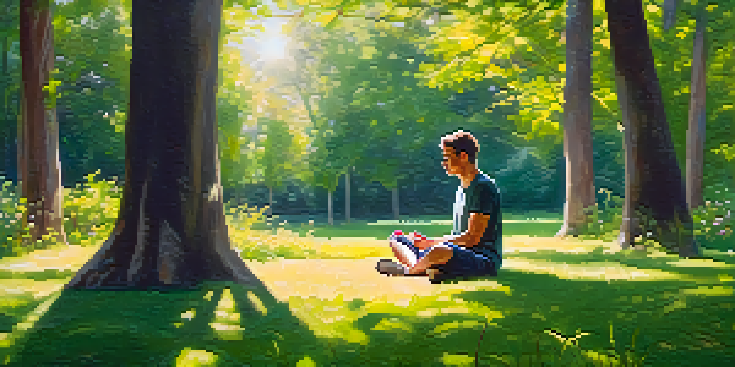 A person practicing mindfulness in a green park, sitting cross-legged on grass surrounded by wildflowers and dappled sunlight.