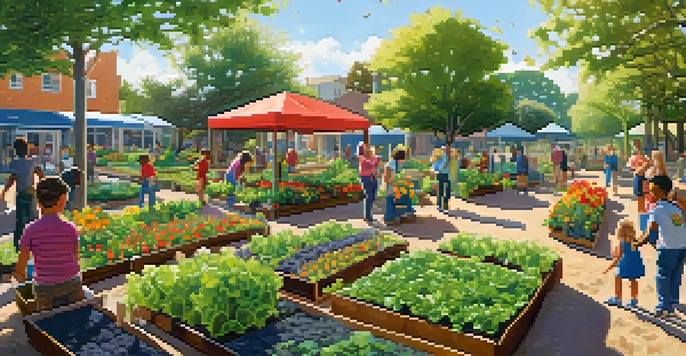 A community garden with diverse people planting and children playing, illuminated by sunlight.