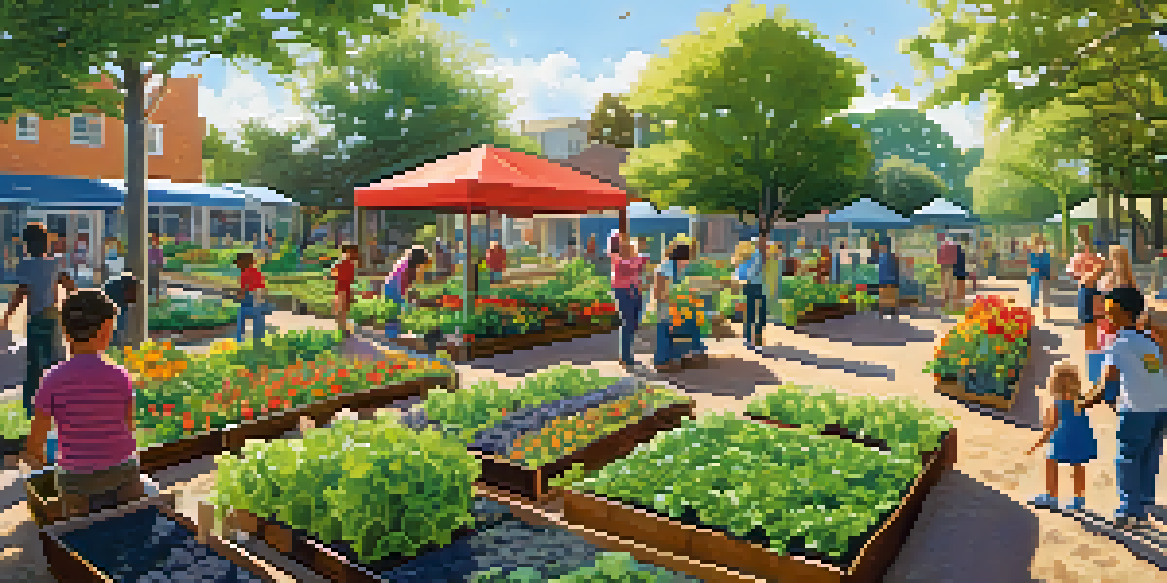 A community garden with diverse people planting and children playing, illuminated by sunlight.