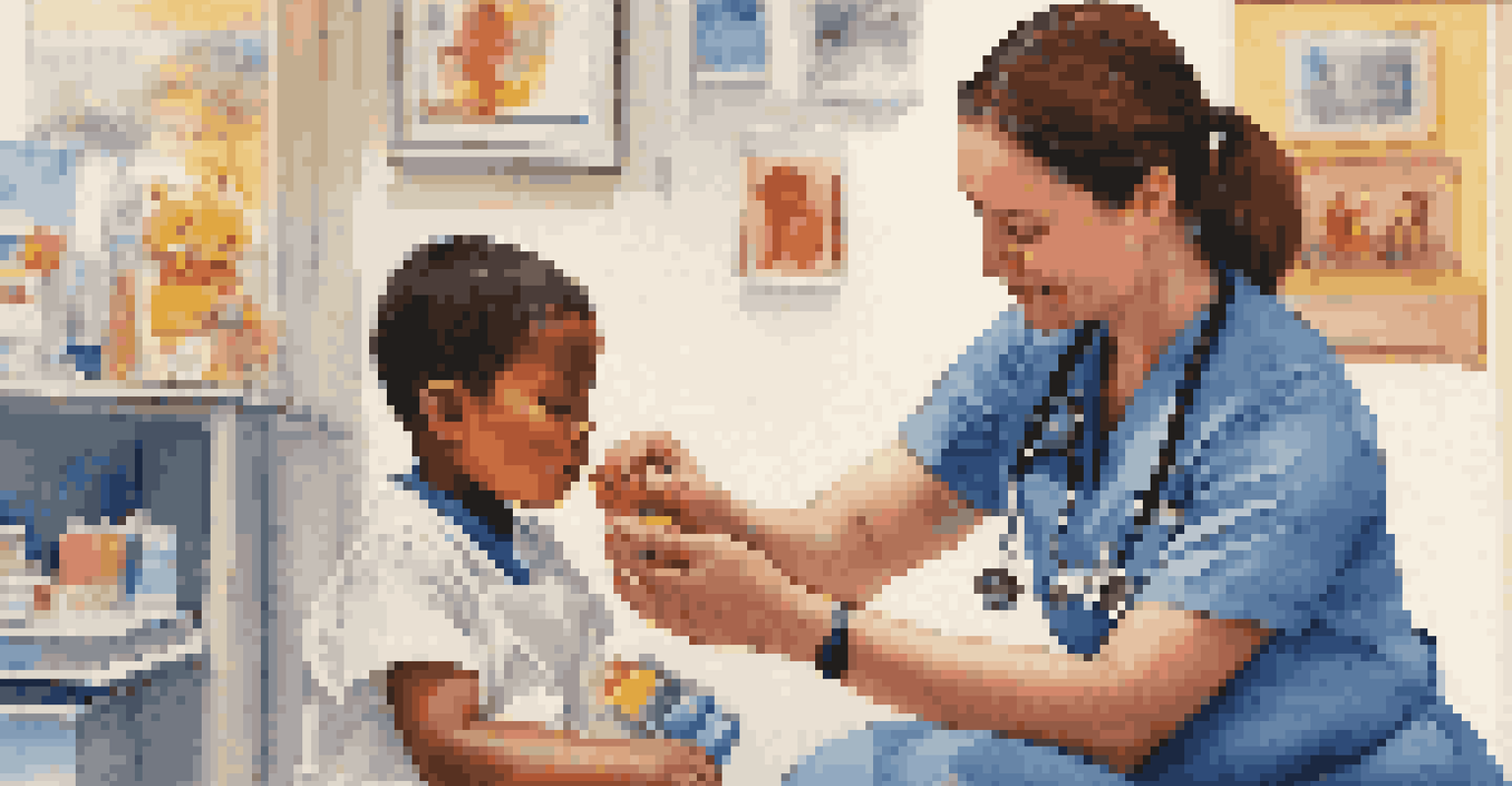 A healthcare worker giving a vaccine to a calm child in a bright clinical setting with toys and health posters around.