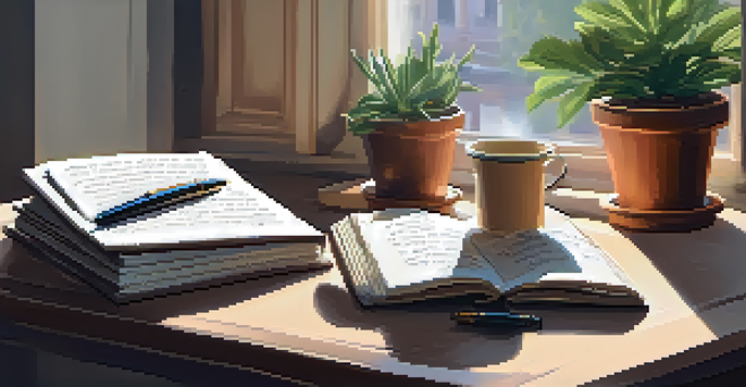 A peaceful workspace featuring a wooden desk with an open journal, a fountain pen, a potted plant, and a cup of tea in soft morning light.