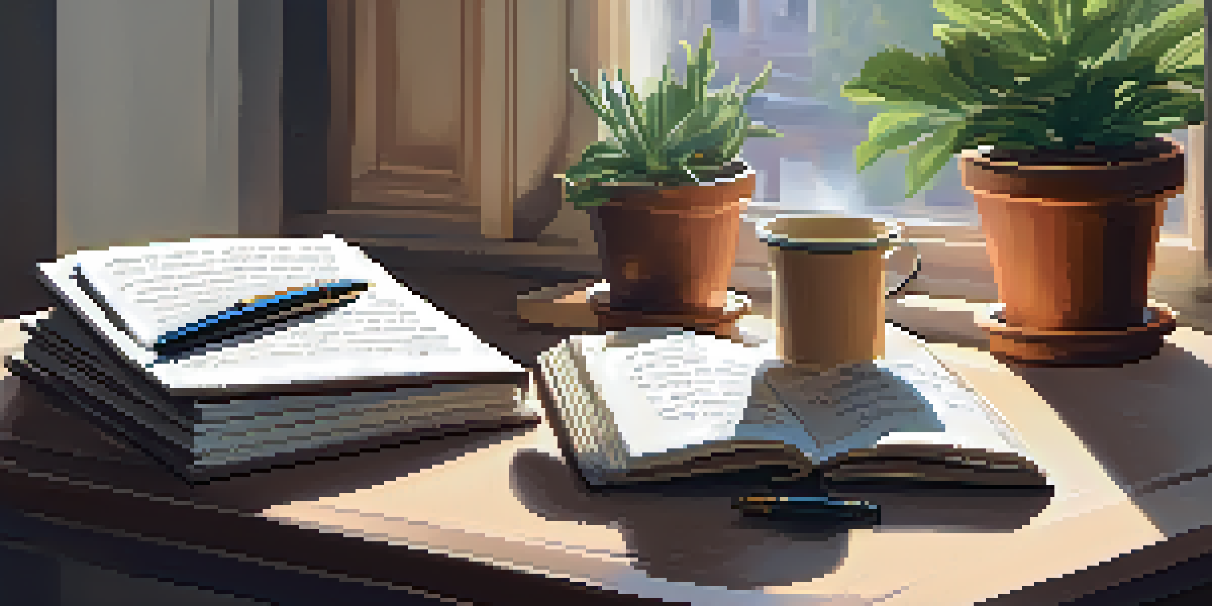 A peaceful workspace featuring a wooden desk with an open journal, a fountain pen, a potted plant, and a cup of tea in soft morning light.