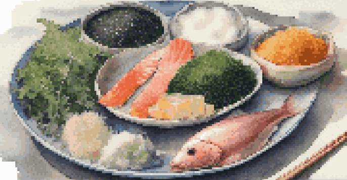 A close-up of a plate filled with iodine-rich foods such as kelp, nori, dairy products, cod, and iodized salt, with vibrant colors and natural lighting.
