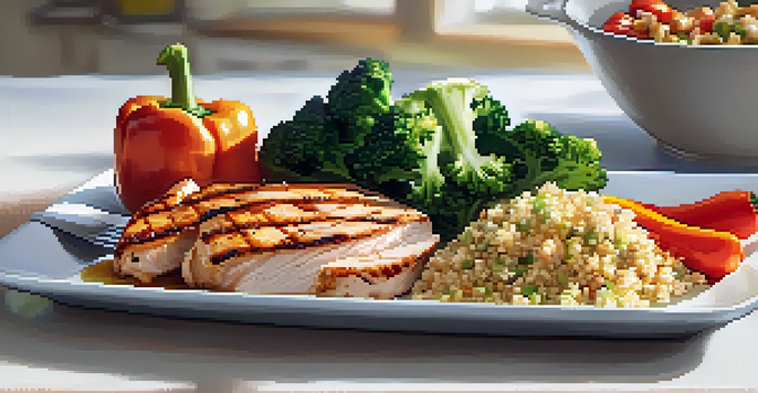 A colorful plate of healthy post-surgery meal with grilled chicken, vibrant vegetables, and quinoa in a bright kitchen.
