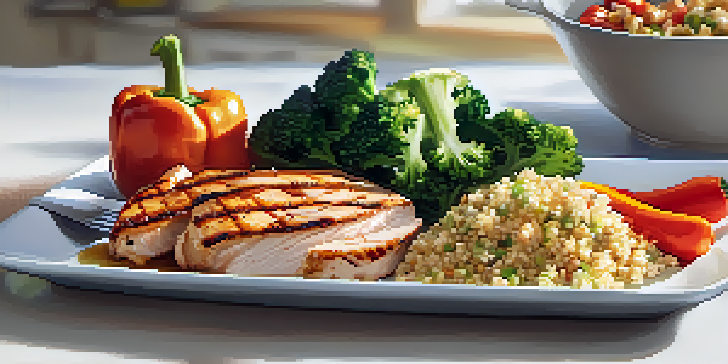A colorful plate of healthy post-surgery meal with grilled chicken, vibrant vegetables, and quinoa in a bright kitchen.