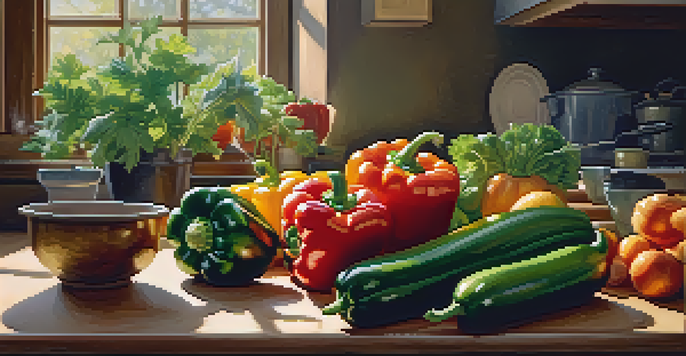 A person chopping colorful vegetables in a warmly lit kitchen with a pot on the stove.