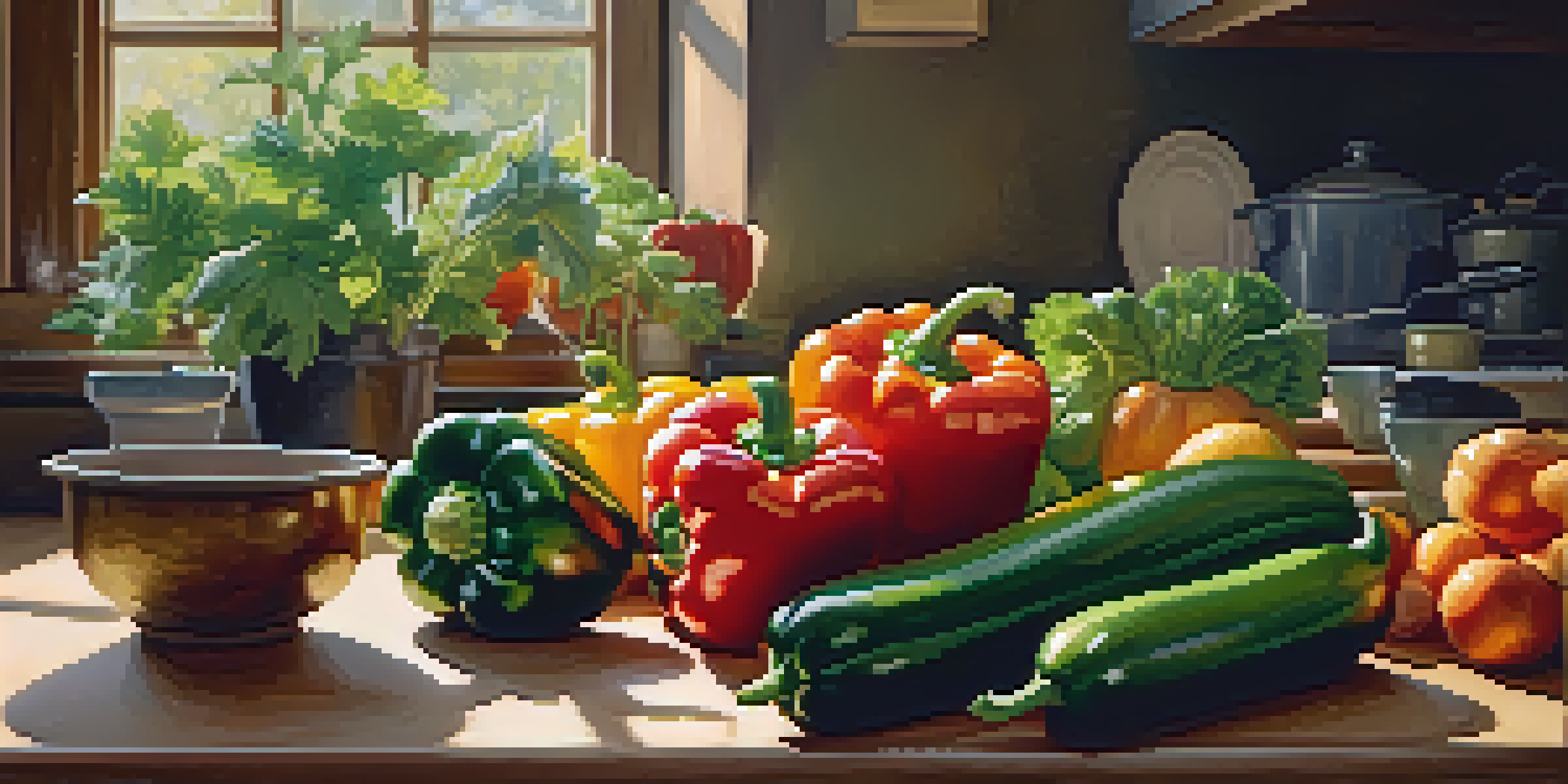 A person chopping colorful vegetables in a warmly lit kitchen with a pot on the stove.