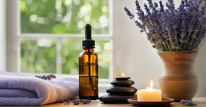 A peaceful home spa scene with essential oil bottles, lavender flowers, a candle, and a green plant.