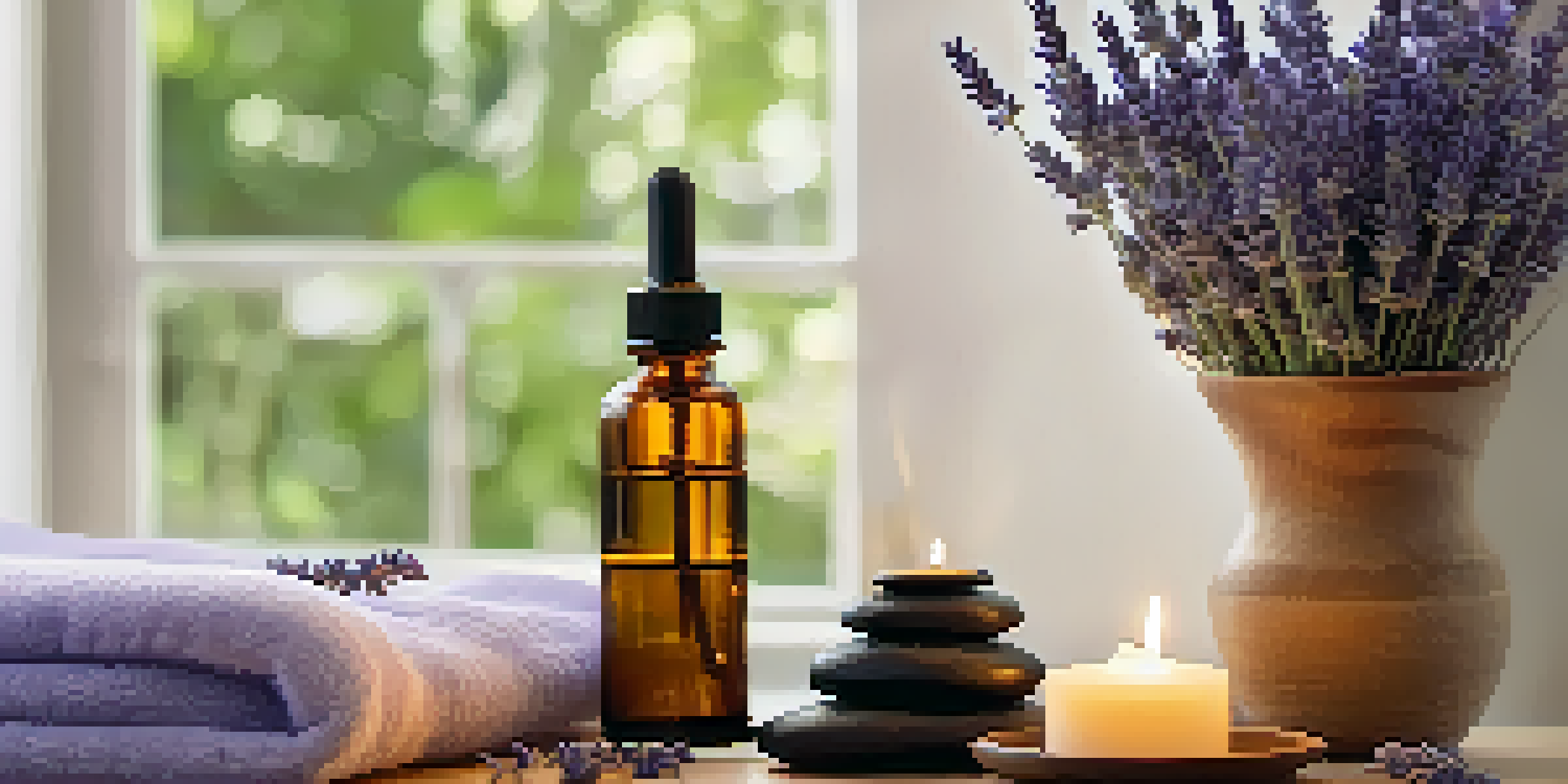 A peaceful home spa scene with essential oil bottles, lavender flowers, a candle, and a green plant.