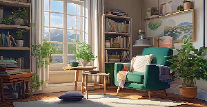 A cozy room with a comfortable armchair, a bookshelf, and a cup of tea, illuminated by soft natural light.