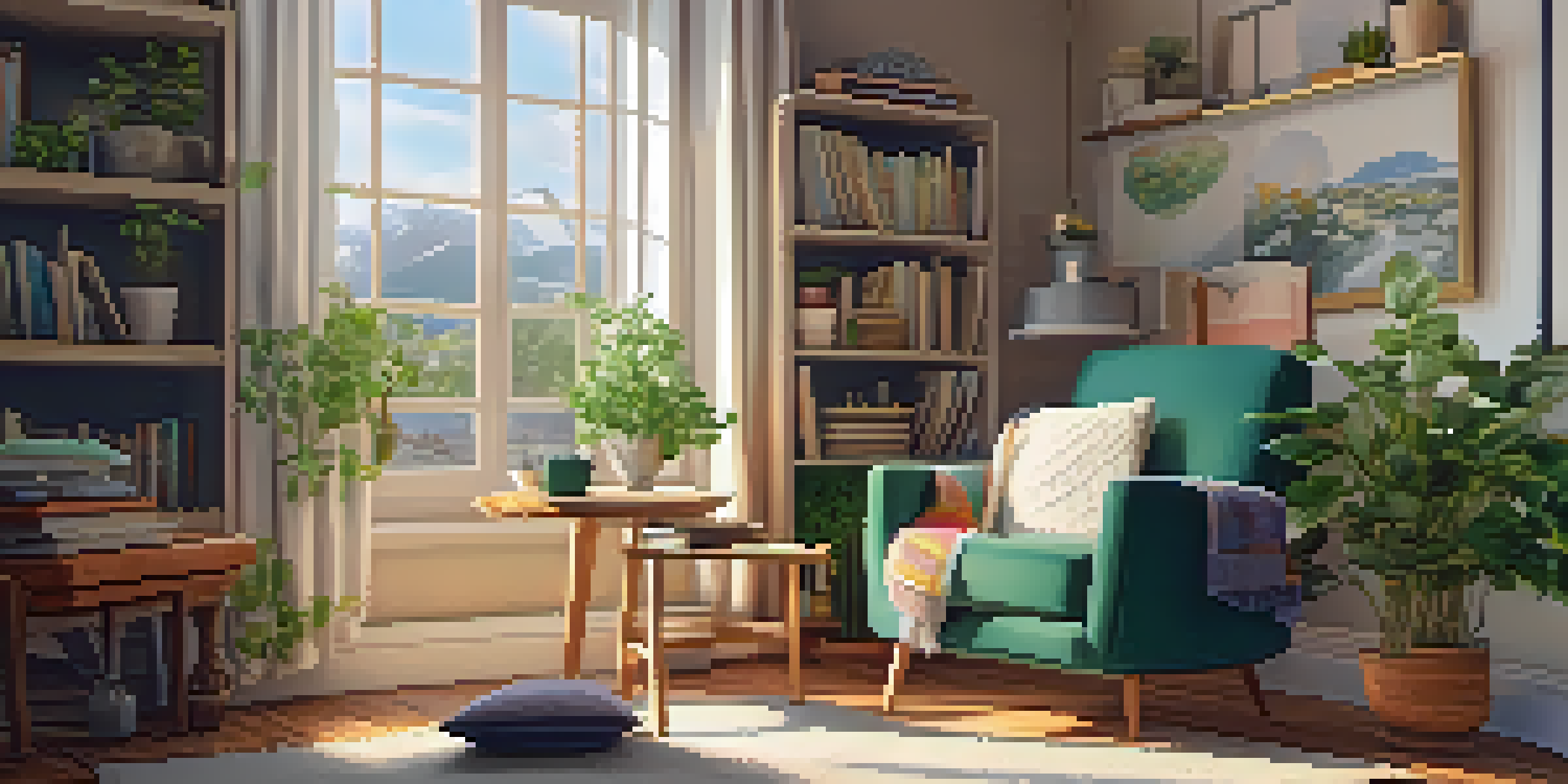A cozy room with a comfortable armchair, a bookshelf, and a cup of tea, illuminated by soft natural light.