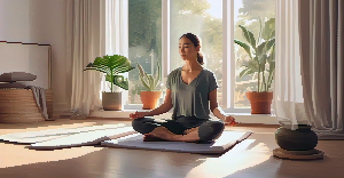 A person meditating in a sunlit room, surrounded by calming decor and a potted plant.