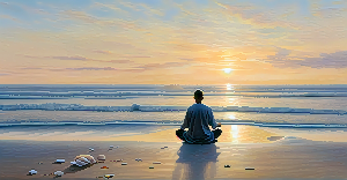 A person meditating on a beach at sunrise, surrounded by gentle waves and pastel colors in the sky.