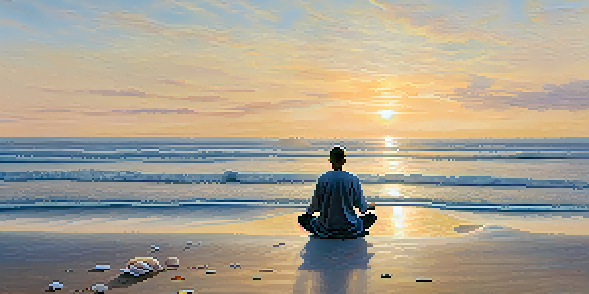 A person meditating on a beach at sunrise, surrounded by gentle waves and pastel colors in the sky.