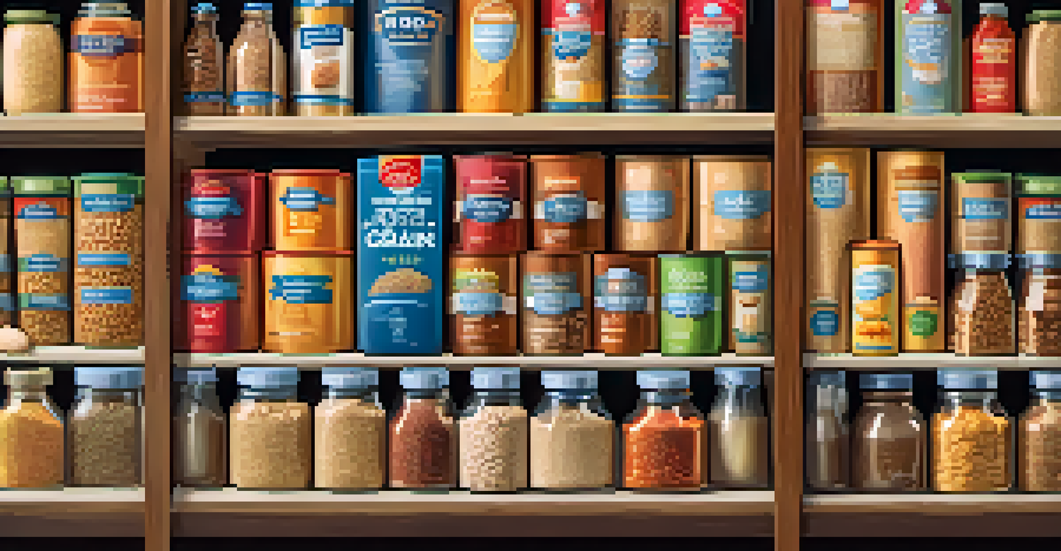 A hand picking a whole grain product from a grocery shelf, with visible '100% Whole Grain' labels and colorful packaging.