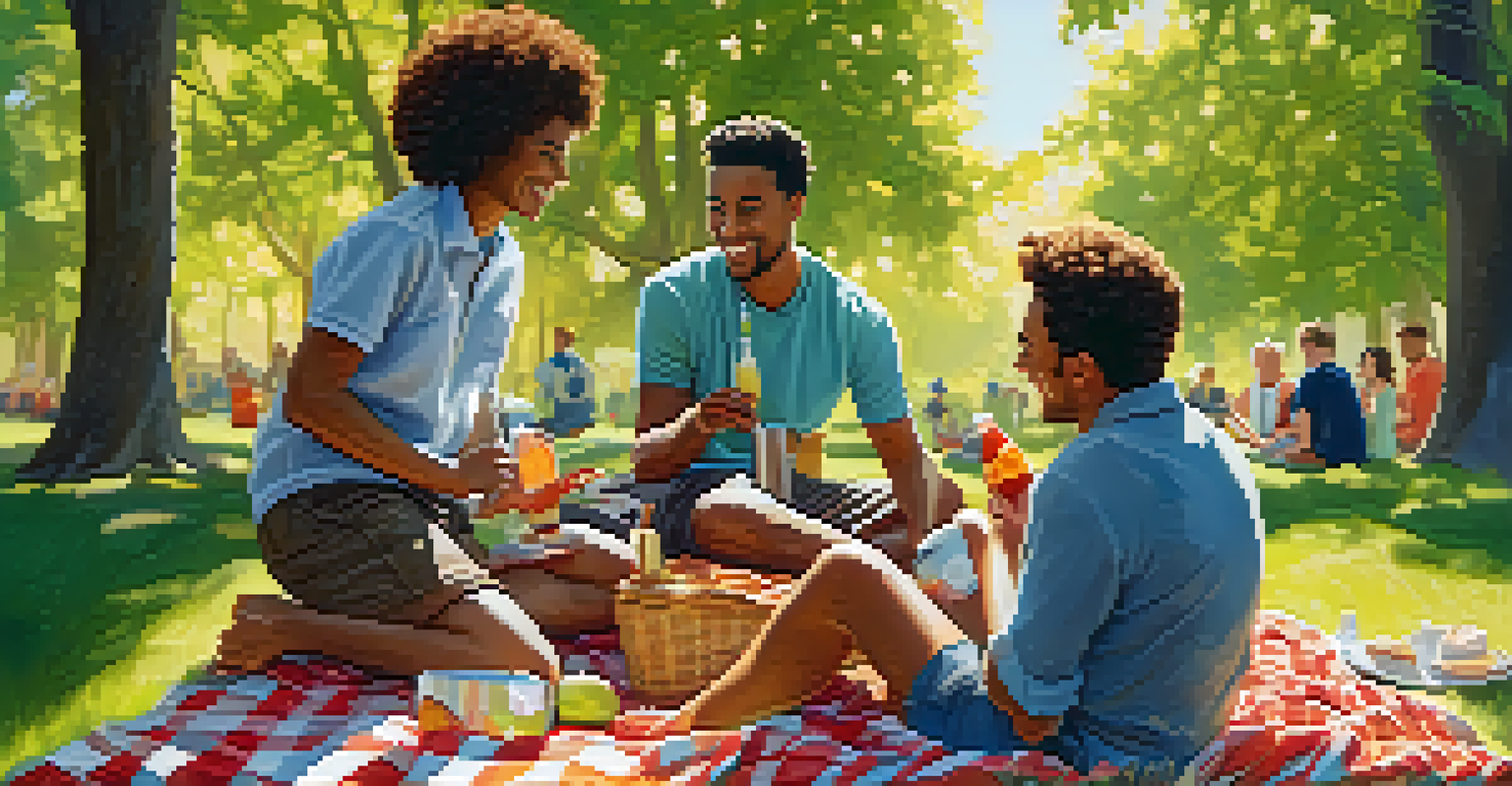 Friends having a picnic in a park, laughing and sharing stories with food and greenery around them.