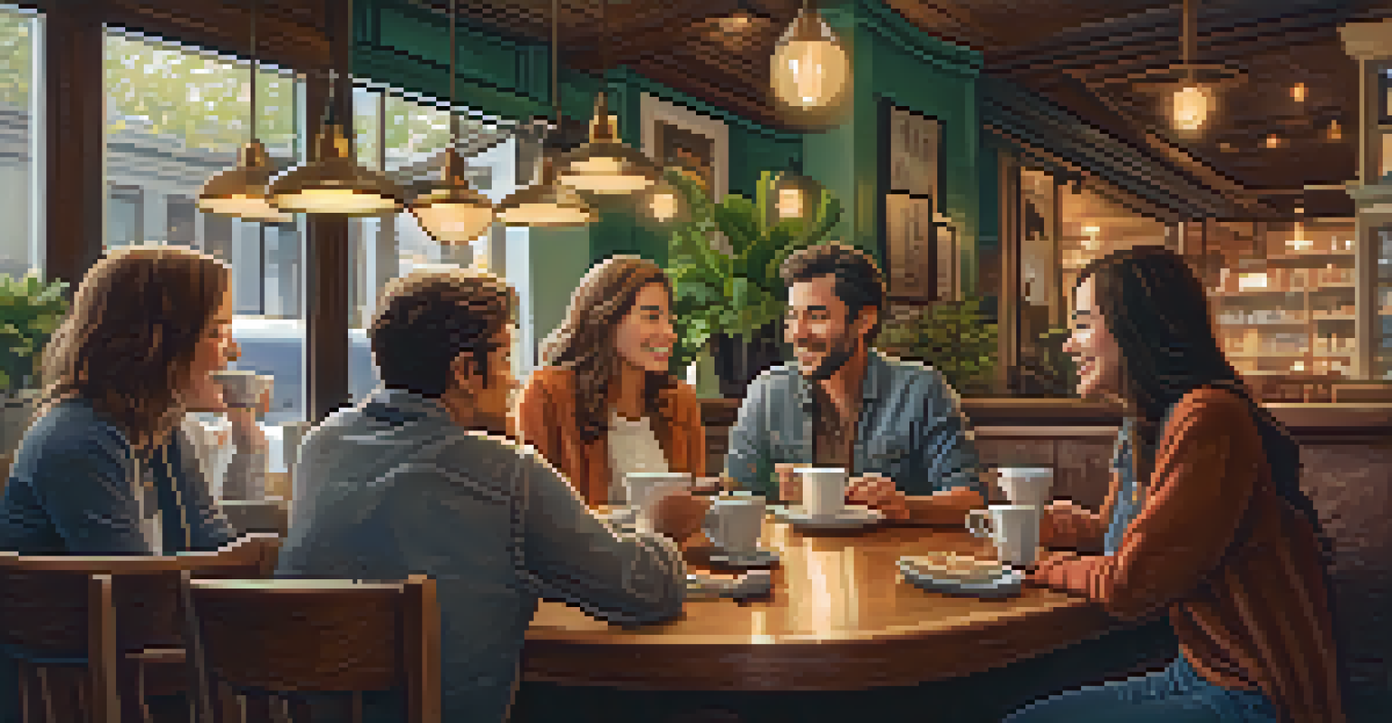 A warm coffee shop scene with friends chatting around a table, enjoying coffee and laughter.