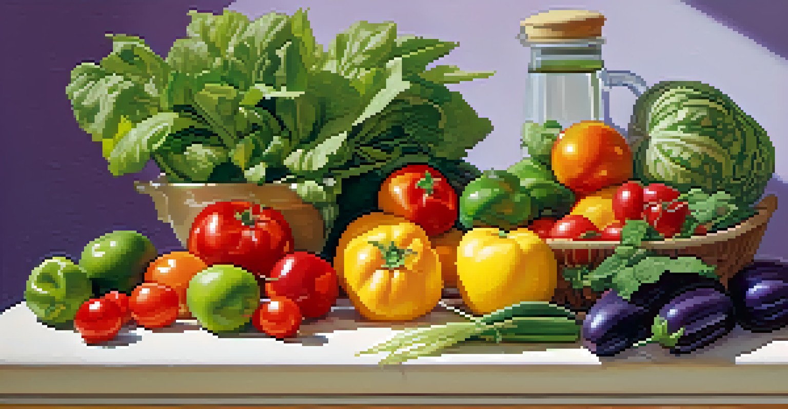 A colorful display of organic fruits and vegetables on a kitchen countertop, promoting healthy eating.