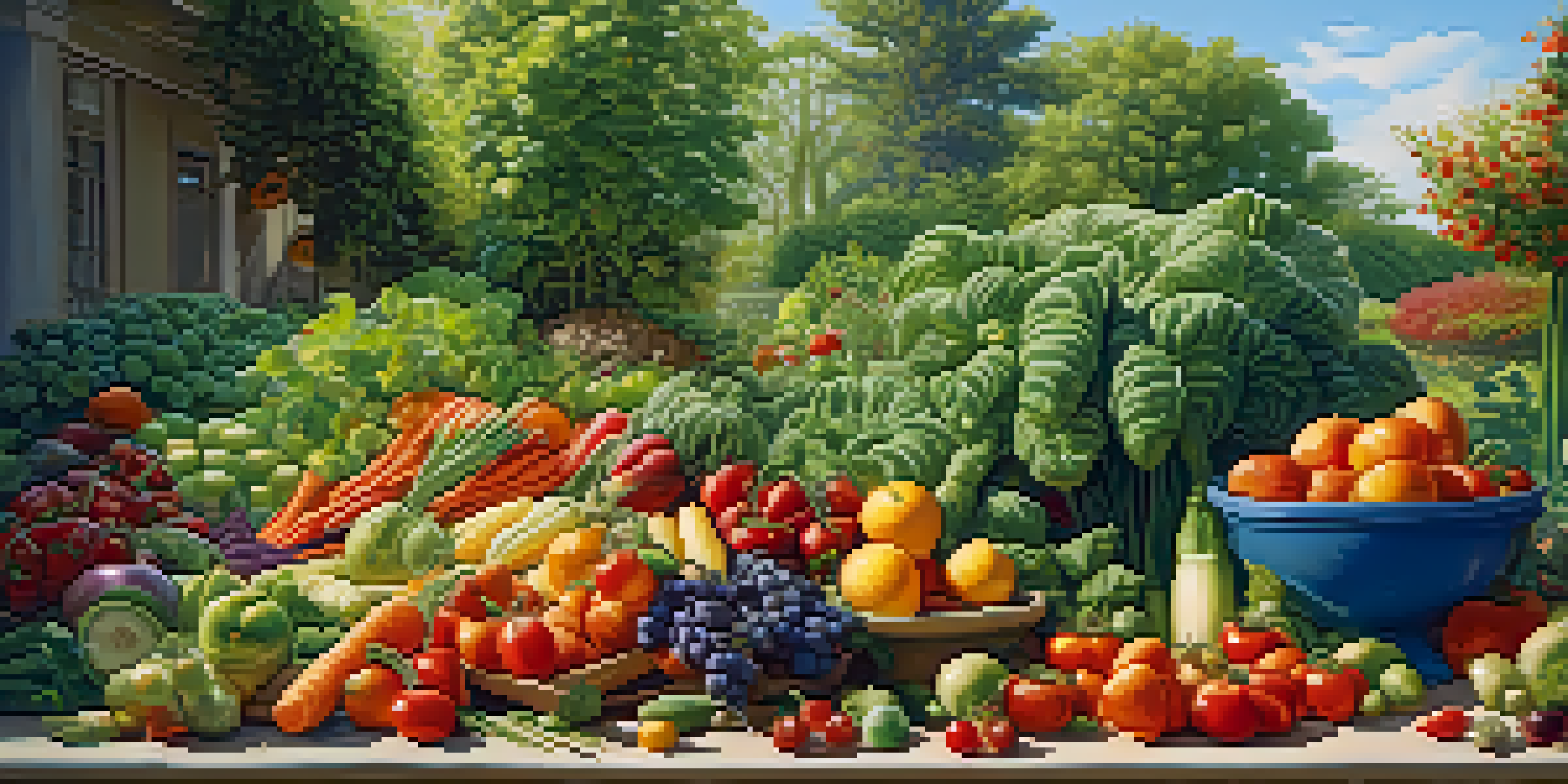 A colorful garden with fruits and vegetables under a bright blue sky, representing healthy gut nourishment.