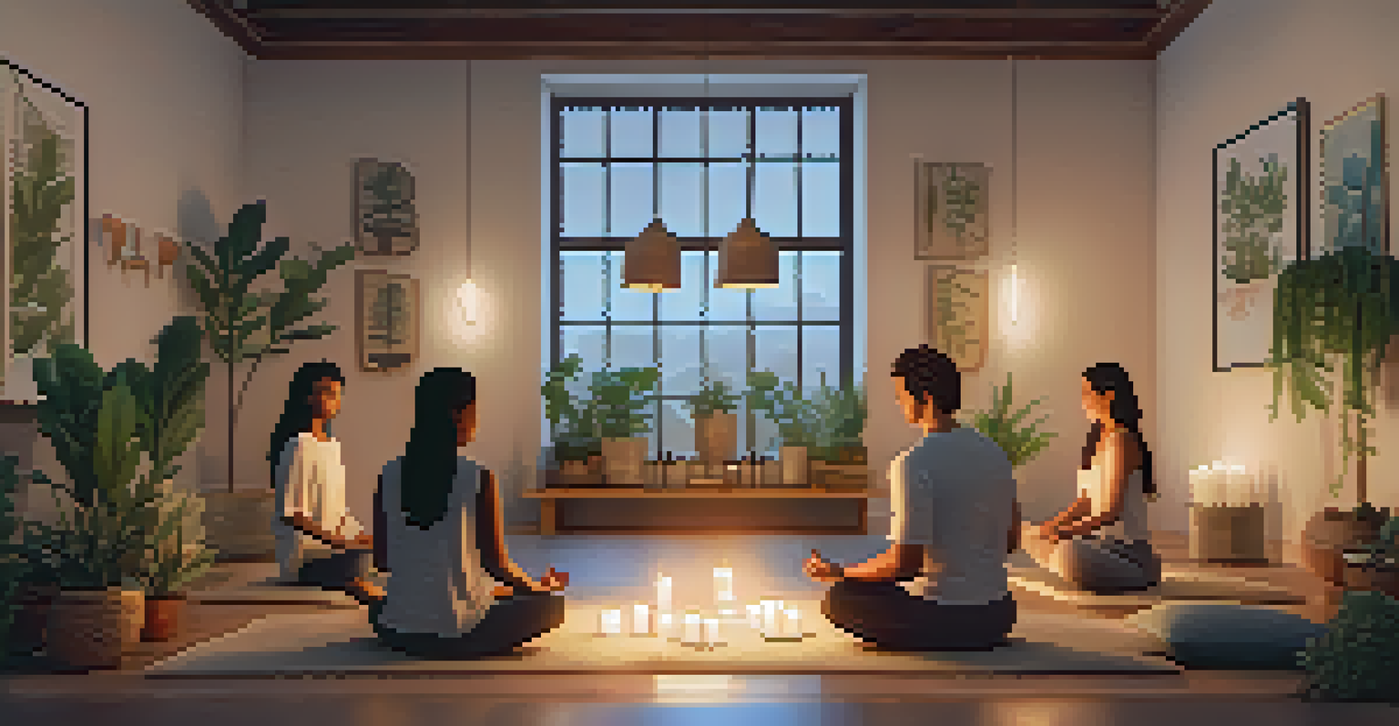 A peaceful indoor meditation space filled with cushions, plants, and soft lighting, with a guide leading a session.