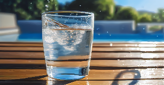 A glass of water with condensation on a wooden table, with a blurred athlete running in the background.